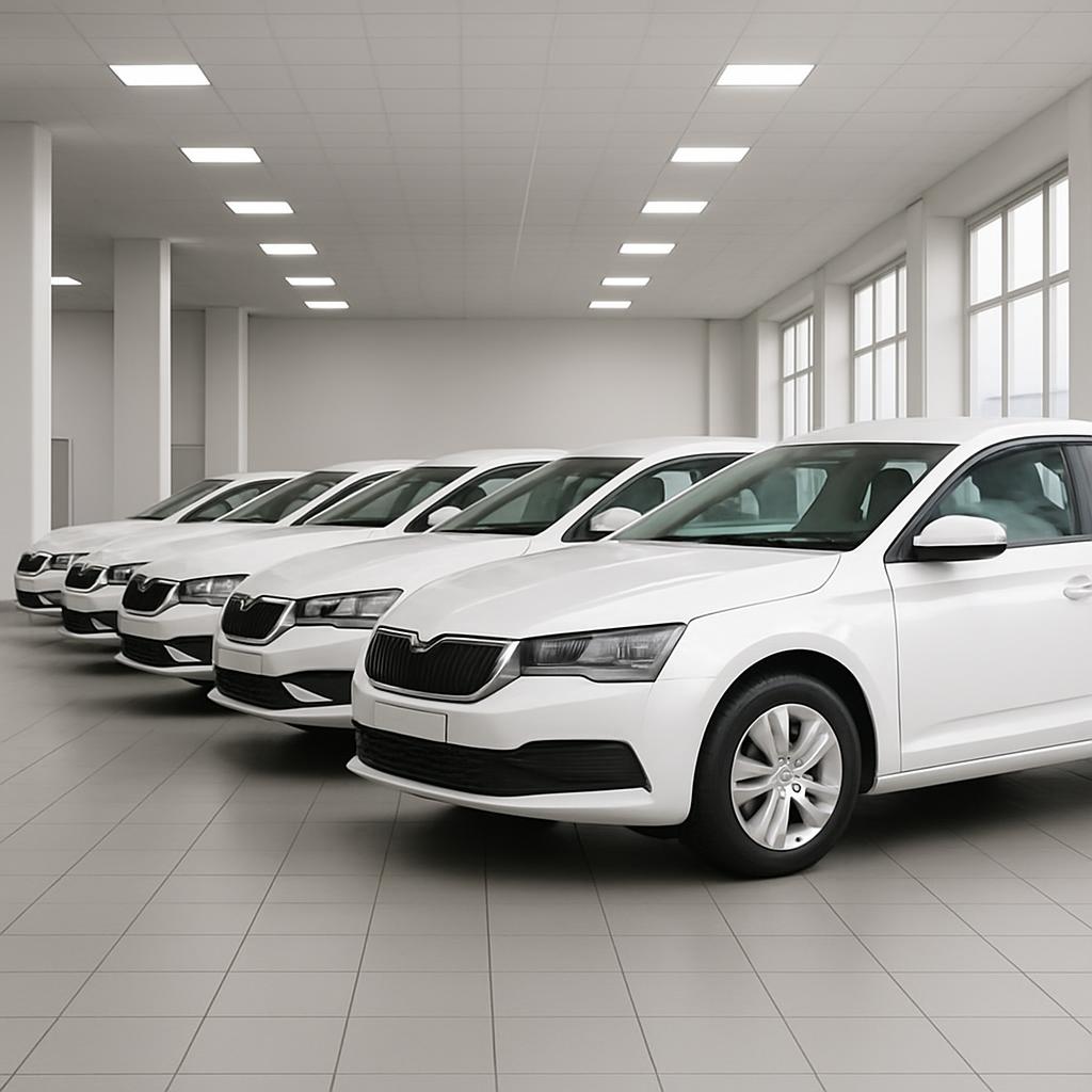 A row of white cars parked in an empty white room with tiled floor and large windows.