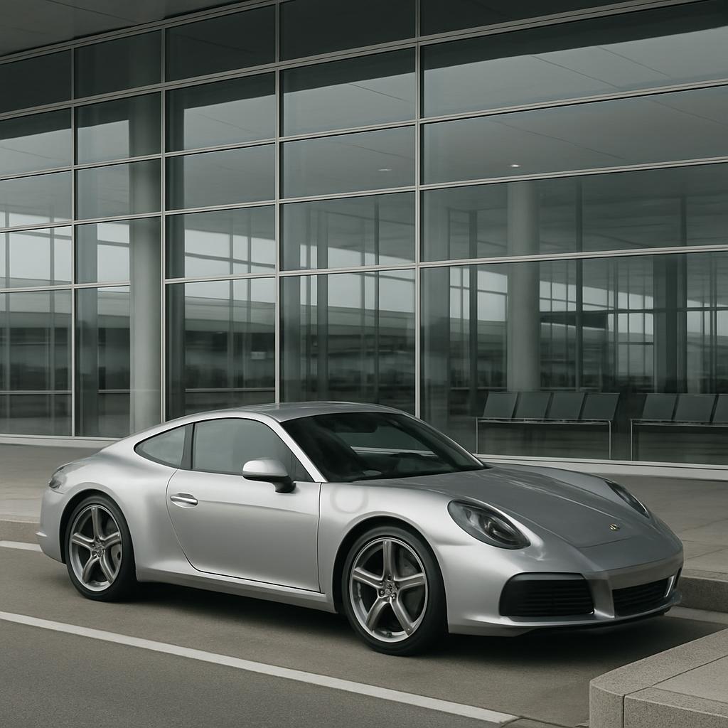 A silver Porsche sports car parked outside a modern building with large windows.